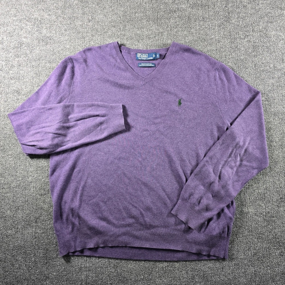 Polo Ralph Lauren Mens Large Purple Pima Cotton V-Neck Pony Logo Sweater